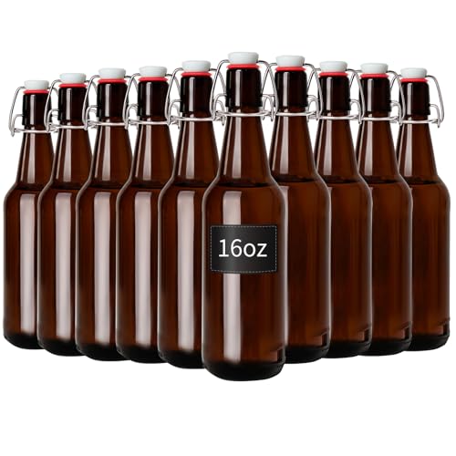 16oz Amber Glass Bottles with Airtight Rubber Seal Flip Caps (10 Pack),Swing Top Glass Bottles for Home Brewing, Kombucha, Beverages, Oil, Vinegar, Vanilla Extract,Water, Soda, Kefir - size: 16.5oz