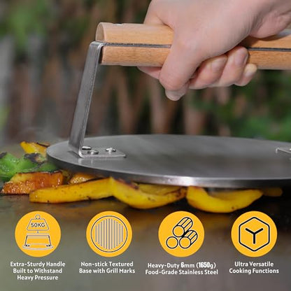 Professional-Grade 8.5-Inch Extra-Large Burger Press – Heavy Duty Stainless Steel Wooden Handle 3.65 lbs Easy to Clean for Hamburger Patties Bacon & Sandwiches Premium Grilling Tool