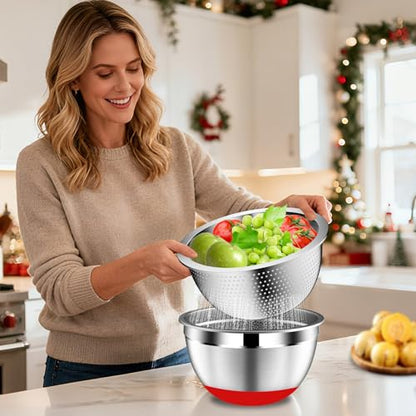 DUTZUN Mixing Bowls with Lids Set - 16pcs Stainless Steel Mixing Bowl Set with Colander, 3 Grater Attachments, Non-Slip Bottom, Metal Nesting Bowls with Strainer for Mixing & Serving - Multicolor - style: 16PCS Multicolor W Nonslip Silicone