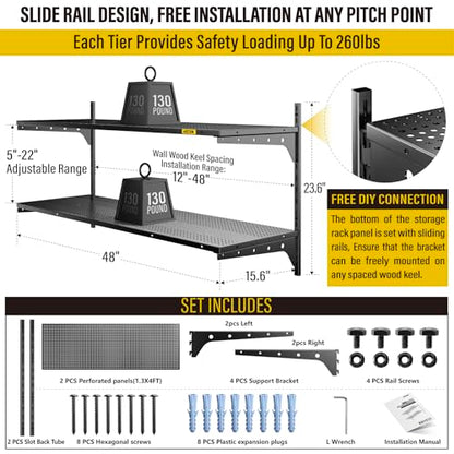 Aecxm 1pack×2 Tier 1.3x4ft Garage Shelving Wall Mounted, 260lbs Load Capacity，15.6x48inch per Shelf Height Cassette Adjustable Floating Shelves, Black - color: Black, size: 2pack-1.3x4ft