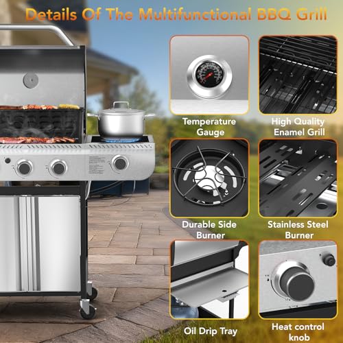 Electactic 3-Burner Propane Gas BBQ Grill with Side Burner,Stainless Steel Grill with Porcelain-Enameled Grates,34000 BTU Barbecue Grill, Suitable for Outdoor Cooking,Camping,Patio Backyard - size: 3 Burner Gas Grills with Side Burner