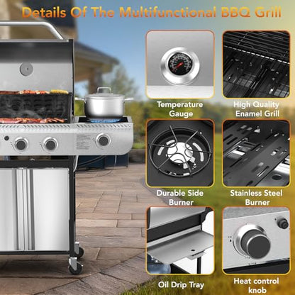 Electactic 3-Burner Propane Gas BBQ Grill with Side Burner,Stainless Steel Grill with Porcelain-Enameled Grates,34000 BTU Barbecue Grill, Suitable for Outdoor Cooking,Camping,Patio Backyard - size: 3 Burner Gas Grills with Side Burner