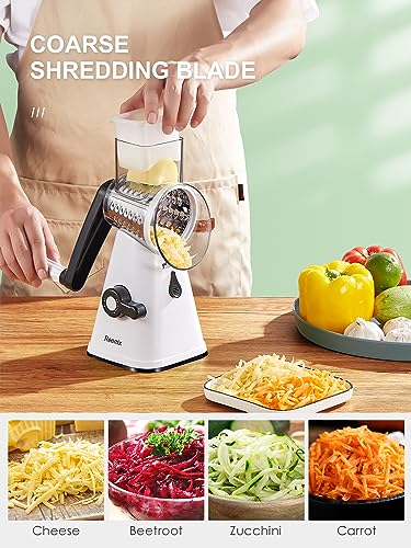Rotary Cheese Grater with Handle, Reemix Vegetable Cheese Shredder Slicer Grater for Kitchen 3 Changeable Blades for Cheese Potato Zucchini Nuts Chocolate (White) - color: White