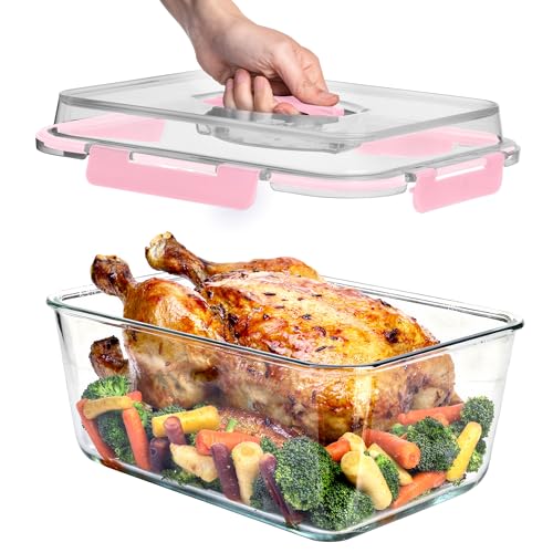 Razab 6500ml / 220 Oz / 28 Cups Extra Large Glass Food Storage Containers with Lids - Leakproof Glass Meal Prep Containers with Locking Lids for Roasting & Storing Leftover - Microwave & Oven Safe - color: Pink