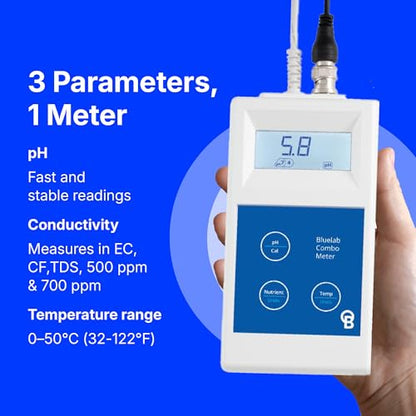 Bluelab Combo Meter for pH, Temperature & Conductivity in Water - Easy Calibration, Digital EC/TDS/PPM Tester for Hydroponics & Indoor Plants (METCOM) - style: pH/EC/Temp Meter in Hydroponic Solutions