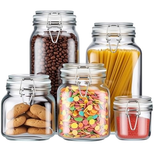 5 Pack Wide Mouth Mason Jars with Clamp Lids, 101oz, 68oz, 34oz, 25oz, and 7oz Glass Jars with Airtight Lids, Kitchen Airtight Food Storage Canister for Pantry Spaghetti, Cereal, Rice, Sugar