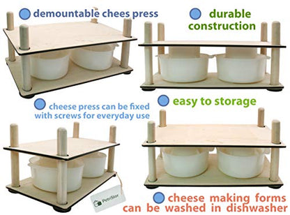 Wooden Cheese Press for Cheese Making Supplies 16 in Wooden Guides and 2 Cheese Mold with Follower Piston 1.3 Qt - Small Home Supply Ultimate Cheese Press Machine - Prensa Para Queso Casero