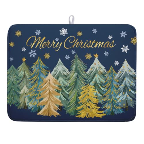 Christmas Tree Dish Drying Mats Absorbent Microfiber Fold 24x18 Inch | Winter Xmas Snowflakes Drying Mat, Rustic Printed in Dish Drainer Mats Rack Pad for Coffee Countertop Kitchen Protector - color: Blue, size: 24" x 18"