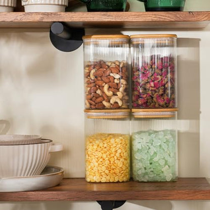 D2scrma 37oz Airtight Glass Square Storage Canisters with Bamboo Lids Set of 4 (1100ml) Striped Stackable Containers, Decorative Kitchen Jars for Tea, Nuts and Coffee (‎with Black Lable) - size: 37oz*4(Striped)