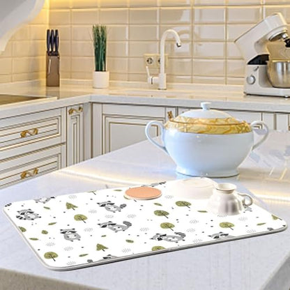 Raccoons Tree White Dish Drying Mat for Kitchen Counter Super Absorbent Draining Mat with Non-slip Backed Drainer Mat for Dish Cups Bowl Bottles Countertops Sinks Draining Racks