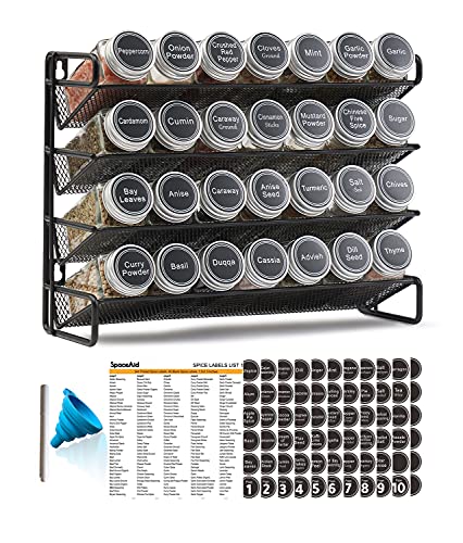 SpaceAid Spice Rack Organizer with 28 Spice Jars, 386 Spice Labels, Chalk Marker and Funnel Set for Cabinet, Countertop, Pantry, Cupboard or Door & Wall Mount - 28 Jars, 13.4" W × 10.8" H, Black - color: Black, size: 28 Jars, 13.4"W × 10.8"H
