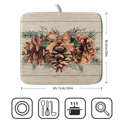 Winter Pine Cone Dish Drying Mat Holly Berries Dish Draining Mat Microfiber Washable Dish Drainer Rack Mat for Home Kitchen Counter 16"x18" - color: Winter Pine Cone, size: 16" x 18"
