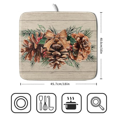 Winter Pine Cone Dish Drying Mat Holly Berries Dish Draining Mat Microfiber Washable Dish Drainer Rack Mat for Home Kitchen Counter 16"x18" - color: Winter Pine Cone, size: 16" x 18"