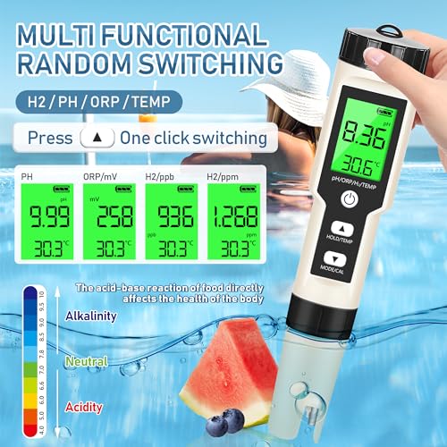 Hydrogen Water Tester 4 in 1 PH,H2,ORP&Temp,pH Meter ORP Meter Hydrogen Tester for Water with ATC & Backlight,Accurate Hydrogen Water ppb/ppm Meter - size: 4 in 1