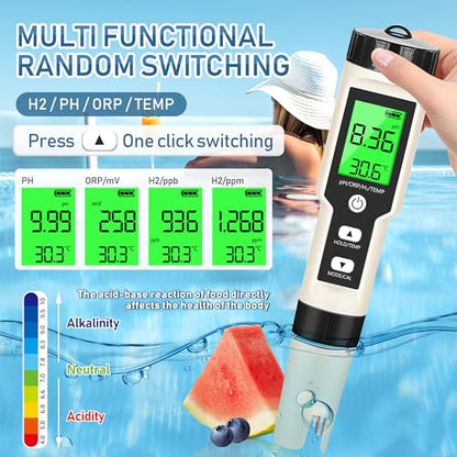 Hydrogen Water Tester 4 in 1 PH,H2,ORP&Temp,pH Meter ORP Meter Hydrogen Tester for Water with ATC & Backlight,Accurate Hydrogen Water ppb/ppm Meter - size: 4 in 1