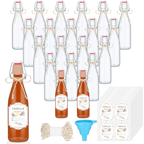Queekay 20 Pack Mini Swing Top Glass Bottles for Vanilla Extract Homemade Olive Oil Bottles with Lids Airtight Cap Lids Labels for Wedding Baby Shower Favors(Clear,8 oz) - color: Clear, size: 8oz