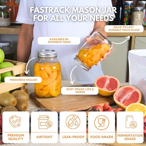 FastRack 32 oz Regular Mouth Mason Jars with Lids – Pack of 12 Quart Canning Jars for Food Storage, Pickling, Fermentation, Crafts – Reusable Airtight Large Glass Mason Jar with 1 Black Cap Gripper - size: 32oz - 12P