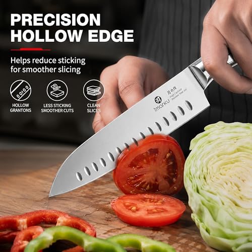 imarku Chef Knife Ultra Sharp Santoku Knife 7 Inch, High Carbon Stainless Steel Japanese Kitchen Knife with Hollow Edge | Seamless Ergonomic Handle, Gift Box for Meat/Vegetables/Tomatoes & Daily Prep - color: Brushed Silver