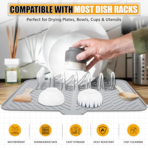 Luxet Silicone Dish Drying Mat with Built-in Drain Lip - Hygienic Drying Pad - Sturdy Compact Easy to Clean Tray Protects Surfaces Prevents Water Build Up - 23 X 17 (Grey)