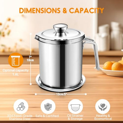 Chihee Grease Container Stainless Steel 2L / 67.6 fl oz Fine Mesh Strainer | Easy to Clean Large Spout Bacon Grease Saver Cooking Oil Keeper Stoarge Can with Dust-proof Lid Non-slip Tray Kitchen Frying - color: Silver(2L)