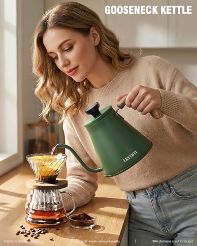Gooseneck Kettle Stovetop with Thermometer for Durable 3-Layer Base，Pour Over Kettle Stainless Steel Tea Kettle Compatible with all Stove Tops (Green, 37 fl oz) - color: Green