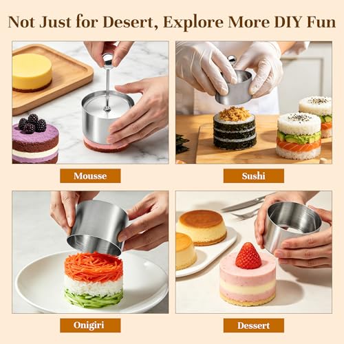 3 Pcs Cake Ring Molds for Cooking with 3 Pusher - Sizes 2-3In Mini Round Baking Rings, Stainless Steel Food Molds Rings for Small Mousse Cheesecake Pastry Crumpets