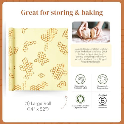 Bee's Wrap Beeswax Wraps for Food - Cut to Size 14x52" Beeswax Wrap Roll - Plastic Free Made in USA Reusable Natural Food Wrap - Honeycomb - style: Honeycomb