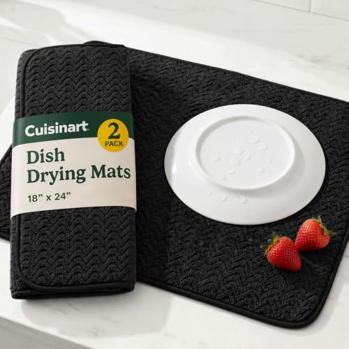 Cuisinart Dish Drying Mat for Kitchen Counter - 2-Pack XL 18x24 Ultra Absorbent Microfiber Dish Mat - Fast Drying, Machine Washable, Foldable Countertop Pad - Safe for Granite & Quartz - color: Geostripe Jet Black