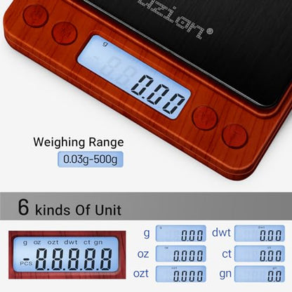 Fuzion Digital Scale .01 Gram Accuracy, 500g Mini Food Scales for Small Jewelry, Gold, Herb, Spice - Weight Gram and Oz - color: Wood Grain