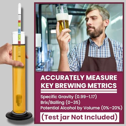 Fermtech Glass Triple Scale Hydrometer Kit – Test ABV, Brix, Gravity for Wine, Beer, Mead & Kombucha, with Microfiber Cloth & Storage Case, Easy Home Brewing Tool for All Experience Levels (Hydro)
