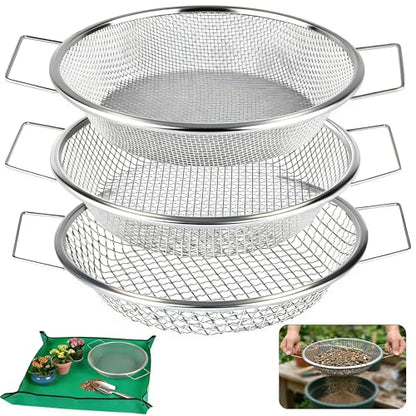 3PCS Soil Sifter for Gardening with Handles - Rock Compost Dirt Sifter for 5 Gallon Bucket, 1/4in,1/8in,3/8in Mesh Garden Sifting Screen Gravel Sawdust Vermicompost with Repotting Mat - size: 3-Piece Set (1/4", 1/8", 3/8" Mesh)