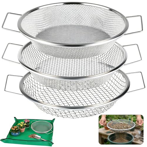 3PCS Soil Sifter for Gardening with Handles - Rock Compost Dirt Sifter for 5 Gallon Bucket, 1/4in,1/8in,3/8in Mesh Garden Sifting Screen Gravel Sawdust Vermicompost with Repotting Mat - size: 3-Piece Set (1/4", 1/8", 3/8" Mesh)