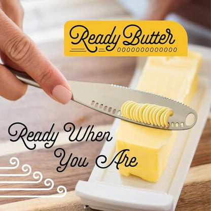 Houseify Ready Butter 3-in-1 18/10 Stainless Steel Butter Knife | 6-inch handle, serrated edge, grate and curl, spreads cold butter, dishwasher safe, rustproof, for home and restaurant - style: Ready Butter
