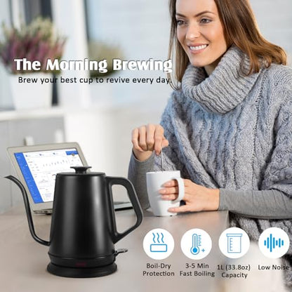 1L Electric Gooseneck Kettle, Tea Kettle for Boiling Water, Gooseneck Electric Kettle for Coffee & Tea, Fast Boiling for Pour Over, Auto Shut-Off, Boil-Dry Protection, 360° Rotational Base - color: 1.0L Black