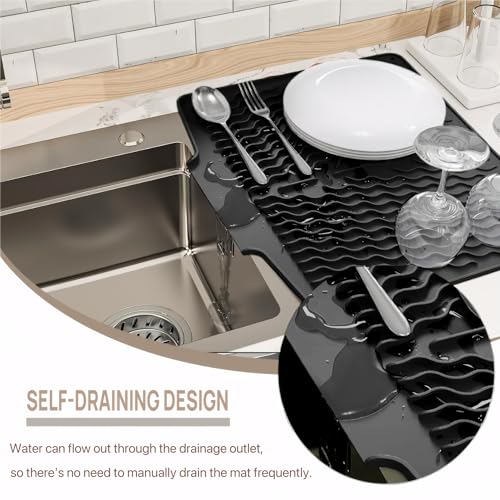 Dish Drying Mat with Drain, Silicone Mat for Kitchen Counter, Non-Slip Drainer Mat for Kitchen Sink, Countertop Dish Drying Rack, Heat Resistant Kitchen Accesories(Black, 15.6"x13") - color: Black