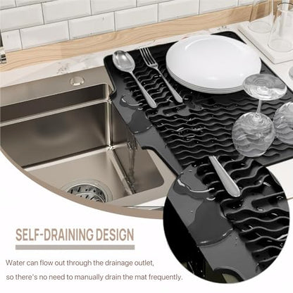 Dish Drying Mat with Drain, Silicone Mat for Kitchen Counter, Non-Slip Drainer Mat for Kitchen Sink, Countertop Dish Drying Rack, Heat Resistant Kitchen Accesories(Black, 15.6"x13") - color: Black