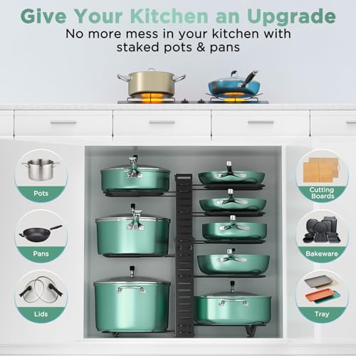 ORDORA Pots and Pans Organizer under Cabinet, 8 Tier Pot Organizers Rack Expandable 11.65" to 19.02" Height with 3 DIY Methods, Adjustable Pan Organizer inside Cabinet Kitchen Storage Organization - style: L-19.02"H-LightDuty