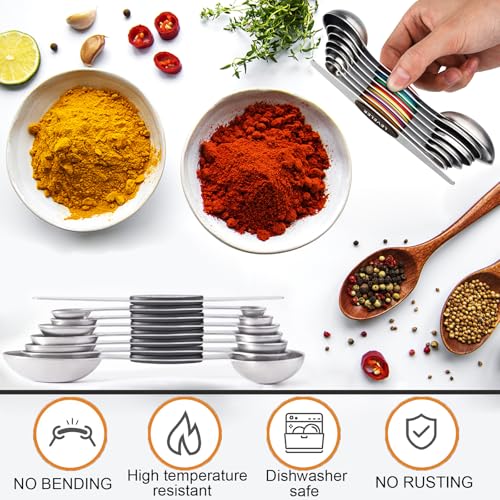 Magnetic Measuring Spoons Set,Heavy Duty Stainless Steel,Dual Sided Stackable Measuring Spoons Nesting Teaspoons Tablespoons for Measuring Dry and Liquid Ingredients,Set of 9 (Colorful) - color: Multicolor