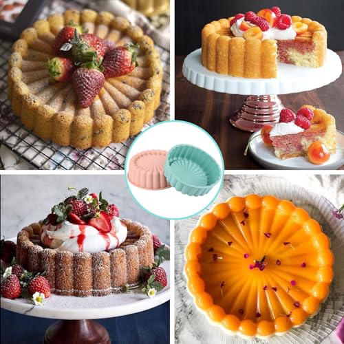HUAKENER 2 Pcs Charlotte Cake Pan, 8 Inch Round Cake Pan, Nonstick Silicone Cake Molds for Cheese Cake, Chocolate Cake, Rainbow Cakes, Strawberry Shortcake, Brownie Tart Pie, Bule and Pink - size: Charlotte
