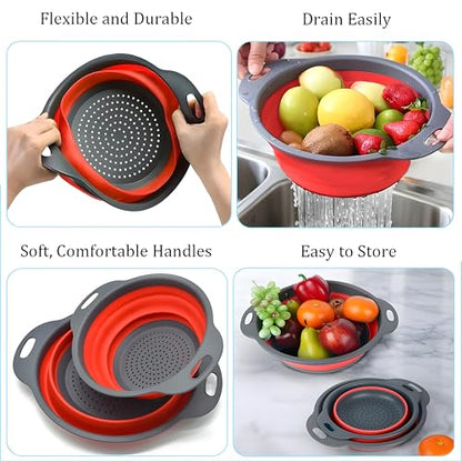UVB Collapsible Colander Set, Space-Saving Foldable Kitchen Strainer for Pasta, Vegetables & Fruit, Colander for Kitchen with 2 Stainless Steel Hooks & 1 Silicone Funnel – Red - color: Red