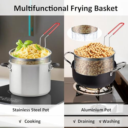 Yimi 7 inch Deep Fryer Basket 304 Stainless Steel for Frying French Fries | 7''x4.1'' Colander with Heat Resistant Silicone Handle, Stainless Steel for Cooking Noodles Vegetables, 2.3-Quart - size: 7'' Deep Fry Basket