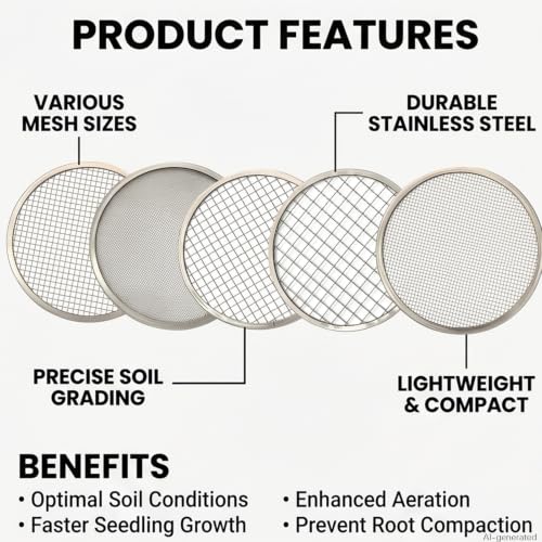 Stainless Steel Soil Sieve Set – 5 Interchangeable Mesh Screens (1/3/6/9/12mm) with Bonsai Scoop & Stainless Steel Trowel, Potting, and Seed Starting and 4-Piece Plastic Bonsai Scoop