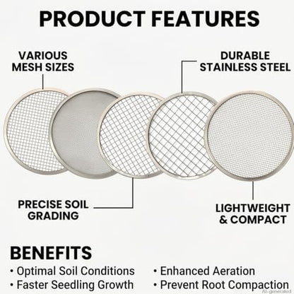 Stainless Steel Soil Sieve Set – 5 Interchangeable Mesh Screens (1/3/6/9/12mm) with Bonsai Scoop & Stainless Steel Trowel, Potting, and Seed Starting and 4-Piece Plastic Bonsai Scoop