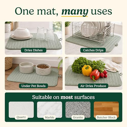 Cuisinart Dish Drying Mat for Kitchen Counter - 2-Pack XL 18x24 Ultra Absorbent Microfiber Dish Mat - Fast Drying, Machine Washable, Foldable Countertop Pad - Safe for Granite & Quartz - color: Geostripe Sage