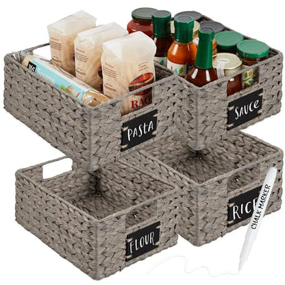 Best Choice Products 22.9 x 30.5cm(9 x 12인치) 워터 히아신스 식료품 저장실 바구니 4개 세트, 칠판 라벨이 있는 우븐 오거나이저, 초크 마커 - 그레이 - color: 회색., size: 9x12x5in