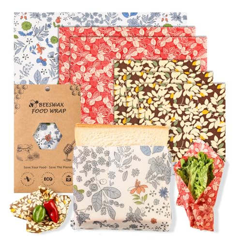 Reusable Beeswax Food Wraps - 6 Pack Blossom pattern (3S,2M,1L) for Homemade Bread Storage, Sandwich Wrap & Bowl Covers | Alternative to Aluminum Foil | Biodegradable, Organic, Zero Waste - color: 6 Pack - Blossom Harmony
