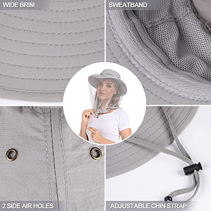 Mosquito Head Net Hat - Bug Cap UPF 50+ Sun Protection with Hidden Netting for Beekeeping Hiking Women - color: Light Grey
