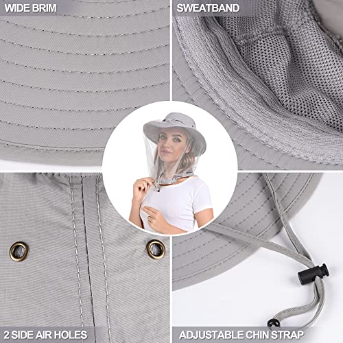 Mosquito Head Net Hat - Bug Cap UPF 50+ Sun Protection with Hidden Netting for Beekeeping Hiking Women - color: Grey X 2pack