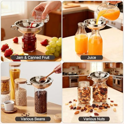 Canning Funnel with Strainer, Wide Mouth Funnels for Filling Wide and Regular Mason Jars Three-Piece Set, Food Grade Stainless Steel Canning Supplies for Kitchen Use (Silvery) - color: silvery