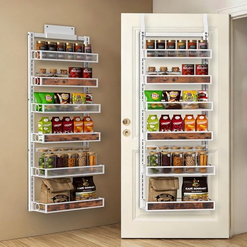 6 Tier Pantry Door Organizer Spice Rack, 2-IN-1 Wall Mount or Hanging Over Door Seasoning Organizer with Adjustable Baskets, Heavy Duty Behind Door Storage Shelves for Pantry, Cabinet and Kitchen - color: White, size: 6 Tiers